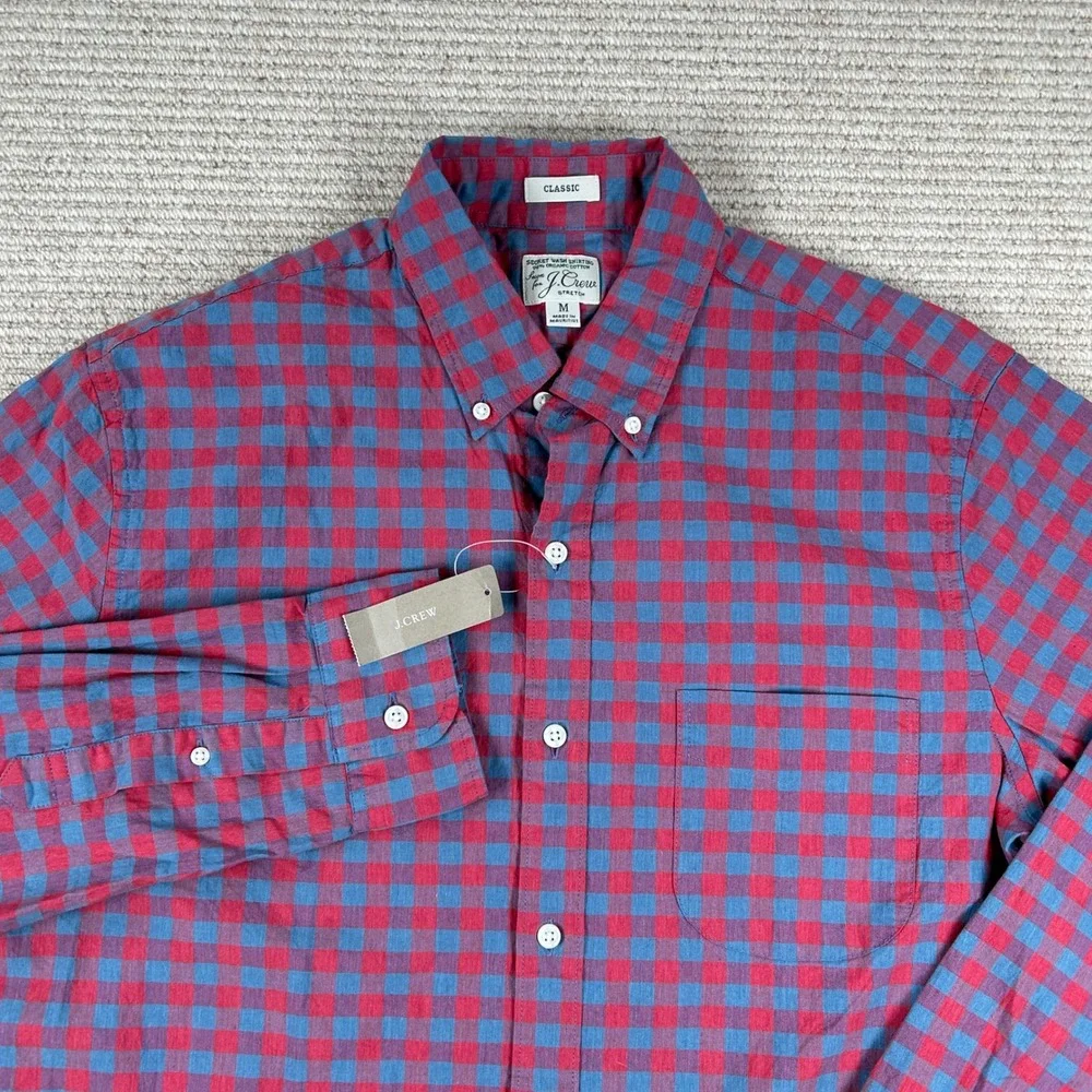 J. Crew Button Down Shirt Mens M Red Blue Gingham Secret Wash Preppy Classic New